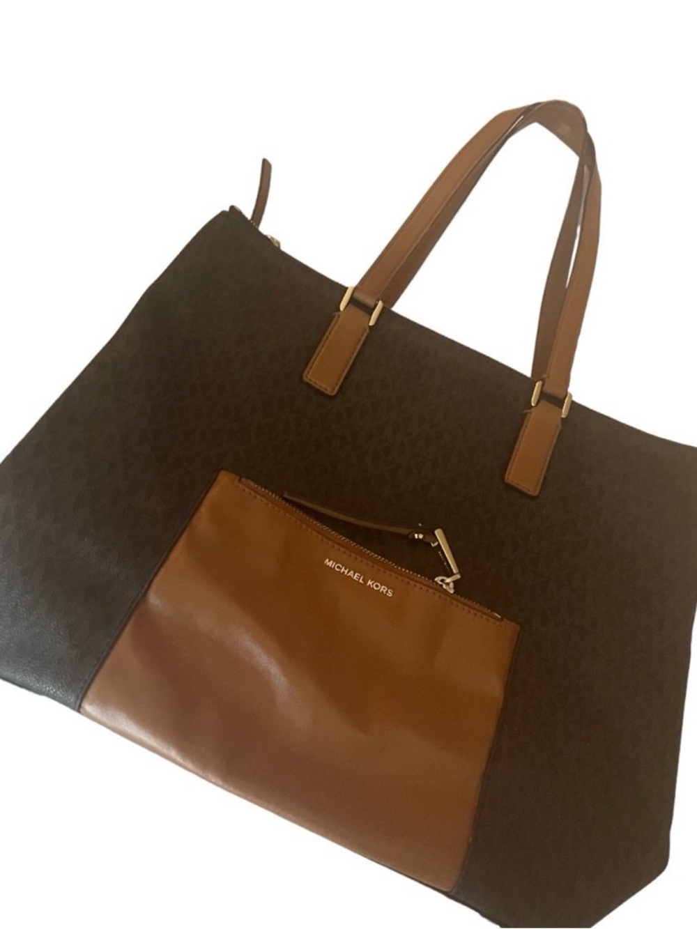 Michael Kors Brown & Tan Signature Tote with Front Zip Pouch